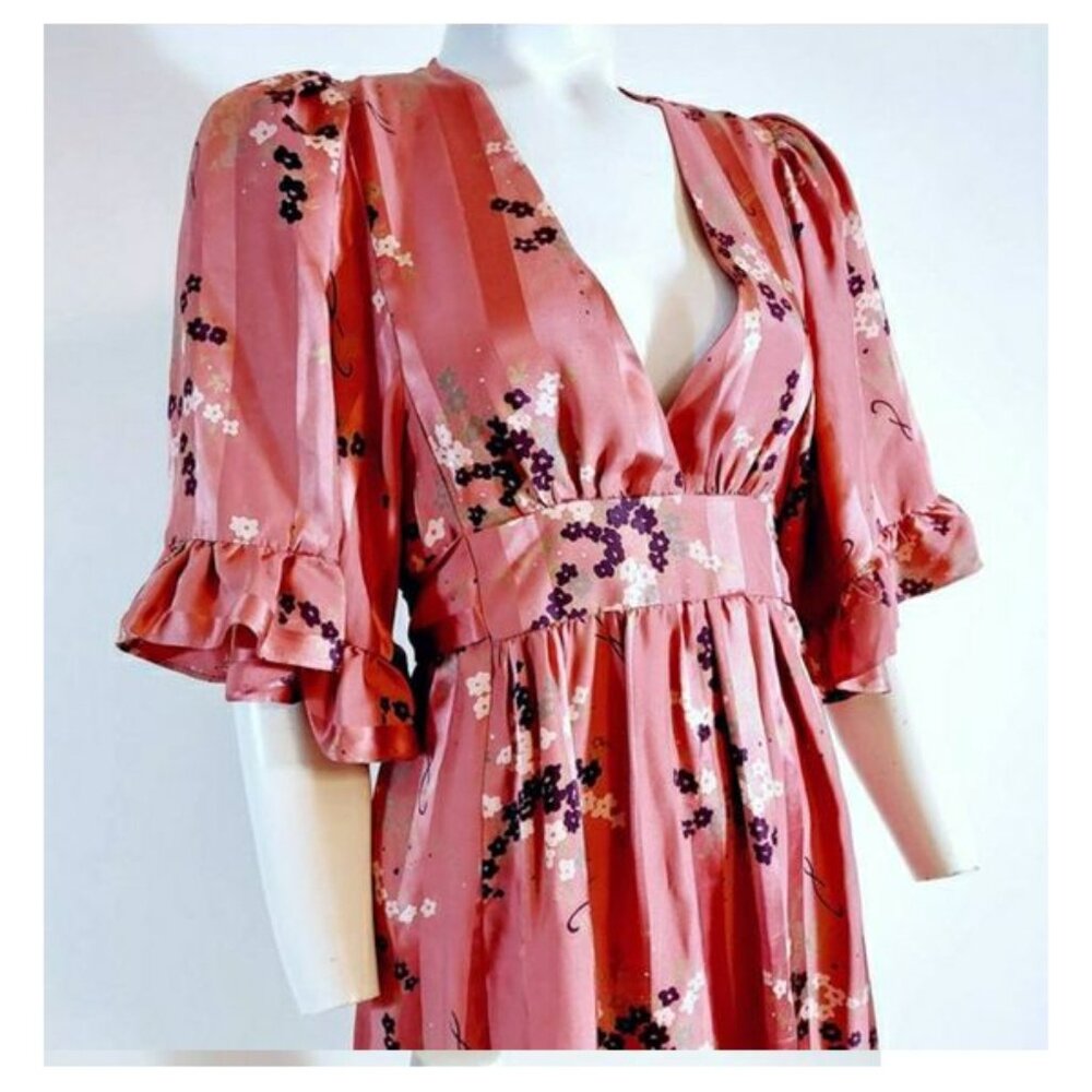 Rare Betsey Johnson Floral Empire Waist Kimono Bell Sleeve Silk Dress 6 Small